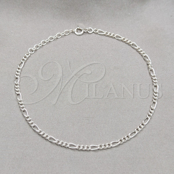 Sterling Silver Basic Anklet, Figaro Design, Polished, Silver Finish, 03.430.0004.10.1EX (0.80 Gauge, 03 MM Thickness, 10 Inches Length)