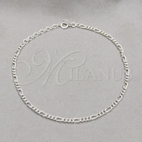 Sterling Silver Basic Anklet, Figaro Design, Polished, Silver Finish, 03.430.0004.10.1EX (0.80 Gauge, 03 MM Thickness, 10 Inches Length)