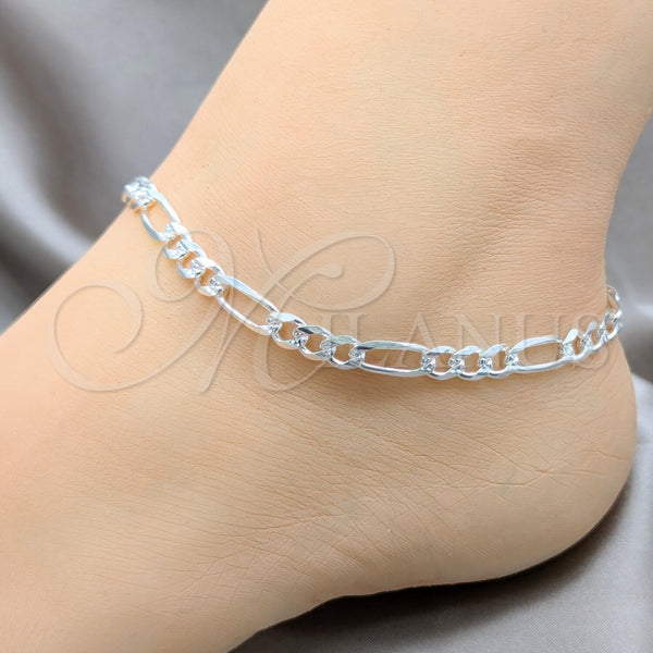 Sterling Silver Basic Anklet, Figaro Design, Diamond Cutting Finish, Silver Finish, 03.431.0001.10 (150 Gauge, 06 MM Thickness, 10 Inches Length)