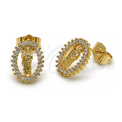 Oro Laminado Stud Earring, Gold Filled Style San Judas Design, with White Cubic Zirconia, Polished, Golden Finish, 02.156.0706