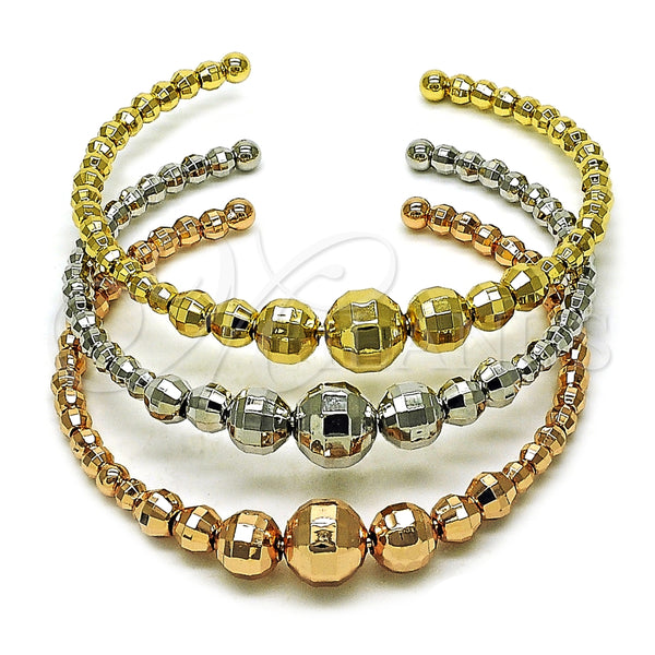 Oro Laminado Trio Bangle, Gold Filled Style Disco and Ball Design, Diamond Cutting Finish, Tricolor, 07.282.0017