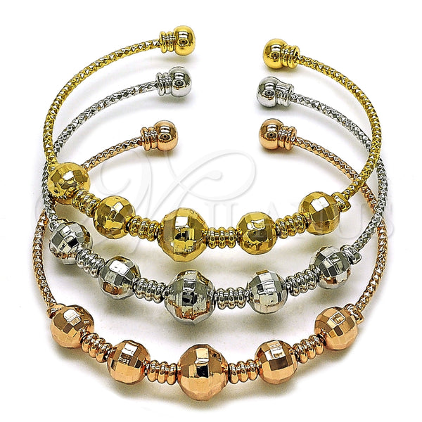 Oro Laminado Trio Bangle, Gold Filled Style Ball and Disco Design, Diamond Cutting Finish, Tricolor, 07.282.0020