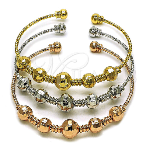 Oro Laminado Trio Bangle, Gold Filled Style Ball and Disco Design, Diamond Cutting Finish, Tricolor, 07.282.0020 (Thickness, One size fits all)