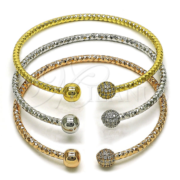 Oro Laminado Trio Bangle, Gold Filled Style Ball Design, with White Micro Pave, Diamond Cutting Finish, Tricolor, 07.282.0022 (08 MM Thickness, One size fits all)