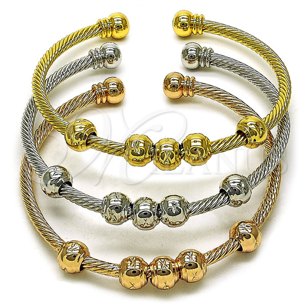 Oro Laminado Trio Bangle, Gold Filled Style Twist and Ball Design, Diamond Cutting Finish, Tricolor, 07.282.0024 (08 MM Thickness, One size fits all)