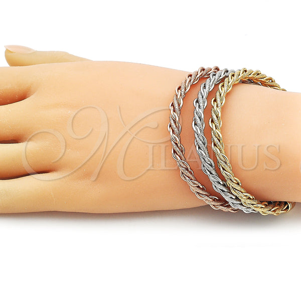 Gold Filled Jewelry — Trio Bangle Twist Design Matte Tricolor 07. 06 — alternate product view — SKU 159614 | Oro Laminado joyería — Trio Bangle Twist diseño Matte Tricolor 07. 06 — SKU 159614