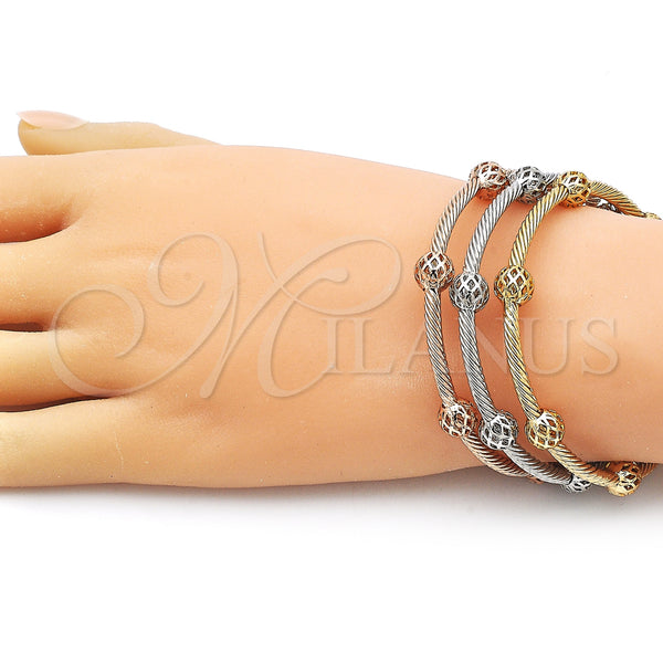 Gold Filled Jewelry — Trio Bangle Twist and Ball Design Polished Tricolor — alternate product view — SKU 159617 | Oro Laminado joyería — Trio Bangle Twist and Ball diseño pulido Tricolor — SKU 159617