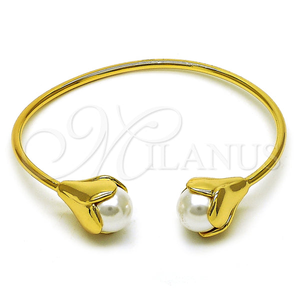 Oro Laminado Individual Bangle, Gold Filled Style Flower and Ball Design, with Ivory Pearl, Polished, Golden Finish, 07.282.0035
