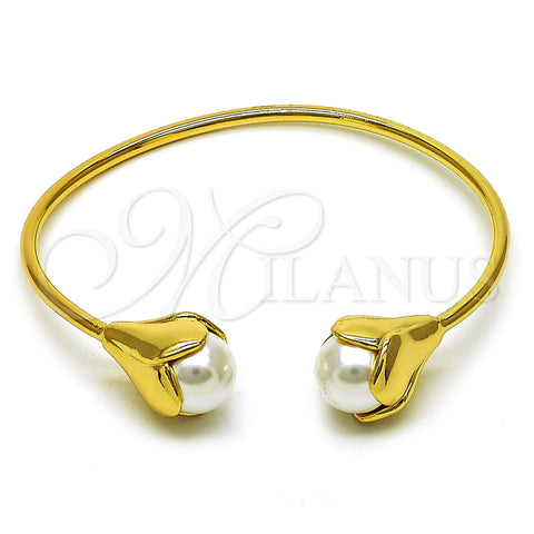 Oro Laminado Individual Bangle, Gold Filled Style Flower and Ball Design, with Ivory Pearl, Polished, Golden Finish, 07.282.0035 (Thickness, One size fits all)