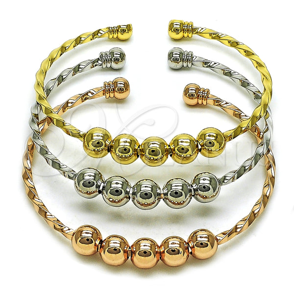 Oro Laminado Trio Bangle, Gold Filled Style Ball and Twist Design, Polished, Tricolor, 07.282.0040