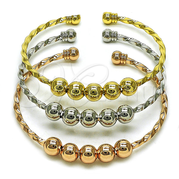 Oro Laminado Trio Bangle, Gold Filled Style Ball and Twist Design, Polished, Tricolor, 07.282.0040 (08 MM Thickness, One size fits all)