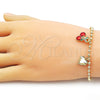 Oro Laminado Charm Bracelet, Gold Filled Style Cherry and Heart Design, Red Enamel Finish, Golden Finish, 03.282.0007.07