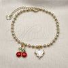 Oro Laminado Charm Bracelet, Gold Filled Style Cherry and Heart Design, Red Enamel Finish, Golden Finish, 03.282.0007.07