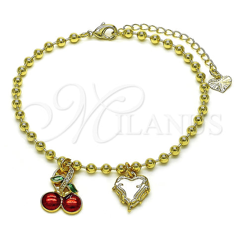 Oro Laminado Charm Bracelet, Gold Filled Style Cherry and Heart Design, Red Enamel Finish, Golden Finish, 03.282.0007.07