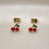 Oro Laminado Stud Earring, Gold Filled Style Cherry Design, Red Enamel Finish, Golden Finish, 02.213.0817
