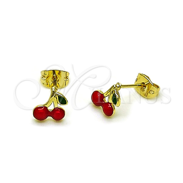 Oro Laminado Stud Earring, Gold Filled Style Cherry Design, Red Enamel Finish, Golden Finish, 02.213.0817