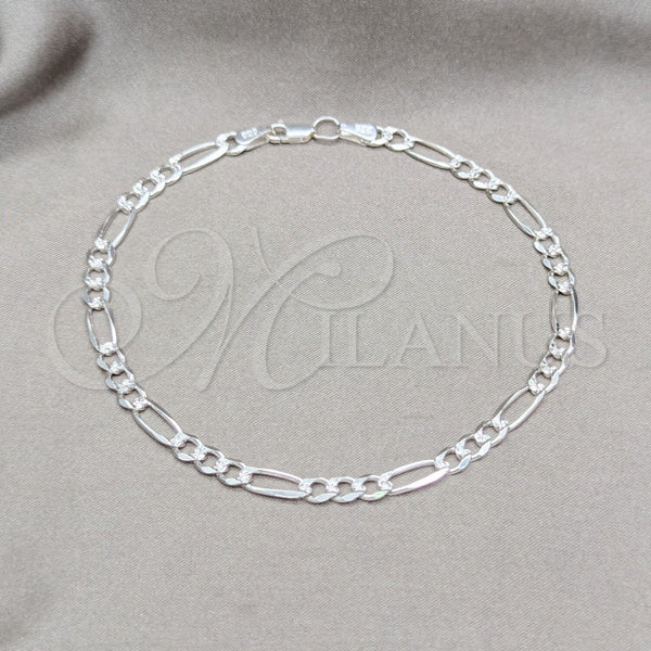 Sterling Silver Basic Anklet, Figaro Design, Diamond Cutting Finish, Silver Finish, 03.431.0002.10