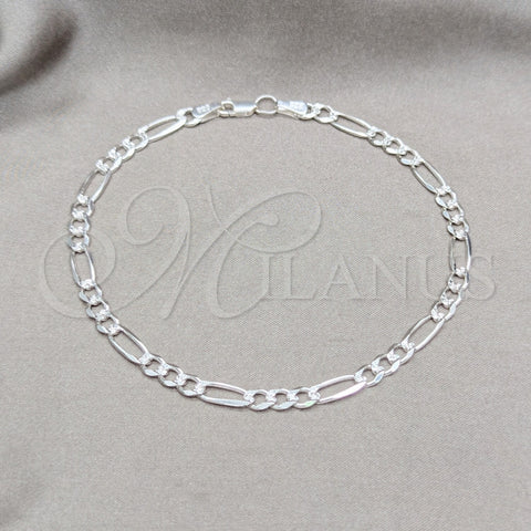 Sterling Silver Basic Anklet, Figaro Design, Diamond Cutting Finish, Silver Finish, 03.431.0002.10