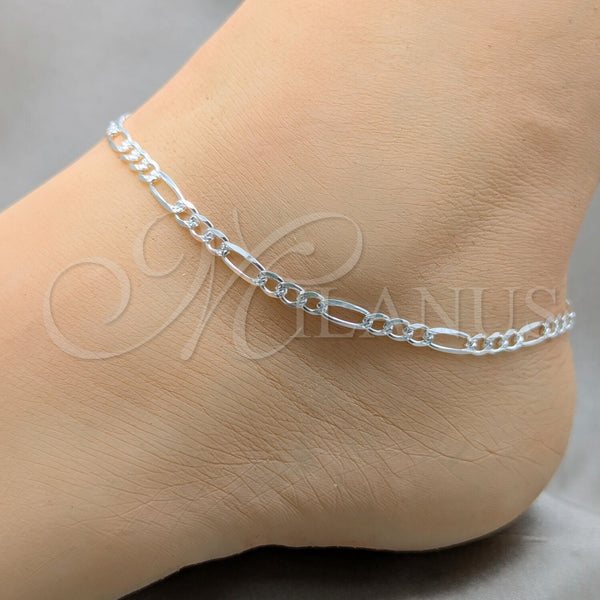 Sterling Silver Basic Anklet, Figaro Design, Diamond Cutting Finish, Silver Finish, 03.431.0003.10 (100 Gauge, 04 MM Thickness, 10 Inches Length)