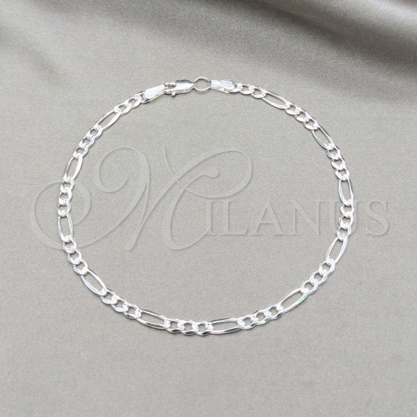 Sterling Silver Basic Anklet, Figaro Design, Diamond Cutting Finish, Silver Finish, 03.431.0003.10 (100 Gauge, 04 MM Thickness, 10 Inches Length)