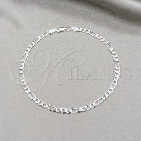 Sterling Silver Basic Anklet, Figaro Design, Diamond Cutting Finish, Silver Finish, 03.431.0003.10 (100 Gauge, 04 MM Thickness, 10 Inches Length)
