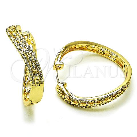 Oro Laminado Huggie Hoop, Gold Filled Style Evil Eye Design, with White Micro Pave, Polished, Golden Finish, 02.195.0353.30