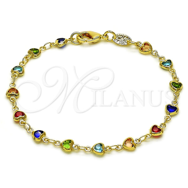 Oro Laminado Fancy Bracelet, Gold Filled Style Heart Design, with Multicolor Crystal, Polished, Golden Finish, 03.326.0027.07