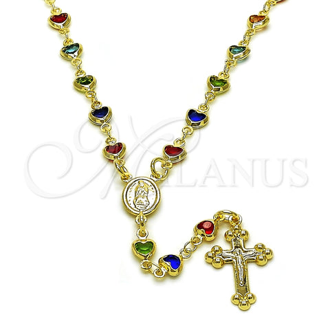 Oro Laminado Medium Rosary, Gold Filled Style Heart and Guadalupe Design, with Multicolor Crystal, Polished, Golden Finish, 09.326.0007.18