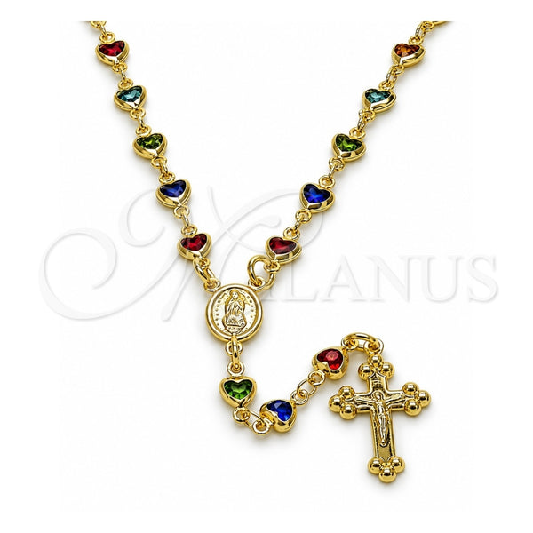 Oro Laminado Medium Rosary, Gold Filled Style Heart and Guadalupe Design, with Multicolor Crystal, Polished, Golden Finish, 09.326.0007.18