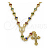 Oro Laminado Medium Rosary, Gold Filled Style Heart and Guadalupe Design, with Multicolor Crystal, Polished, Golden Finish, 09.326.0007.18