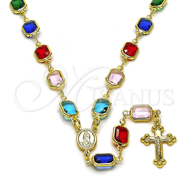 Oro Laminado Medium Rosary, Gold Filled Style Guadalupe and Cross Design, with Multicolor Crystal, Polished, Golden Finish, 09.326.0008.18