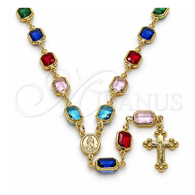 Oro Laminado Medium Rosary, Gold Filled Style Guadalupe and Cross Design, with Multicolor Crystal, Polished, Golden Finish, 09.326.0008.18