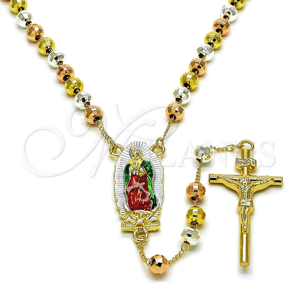 Oro Laminado Medium Rosary, Gold Filled Style Guadalupe and Crucifix Design, Diamond Cutting Finish, Tricolor, 09.411.0009.1.24