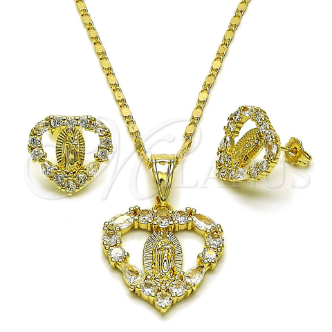 Oro Laminado Earring and Pendant Adult Set, Gold Filled Style Heart and Guadalupe Design, with White Cubic Zirconia, Polished, Golden Finish, 10.411.0010