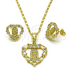 Oro Laminado Earring and Pendant Adult Set, Gold Filled Style Heart and Guadalupe Design, with White Cubic Zirconia, Polished, Golden Finish, 10.411.0010