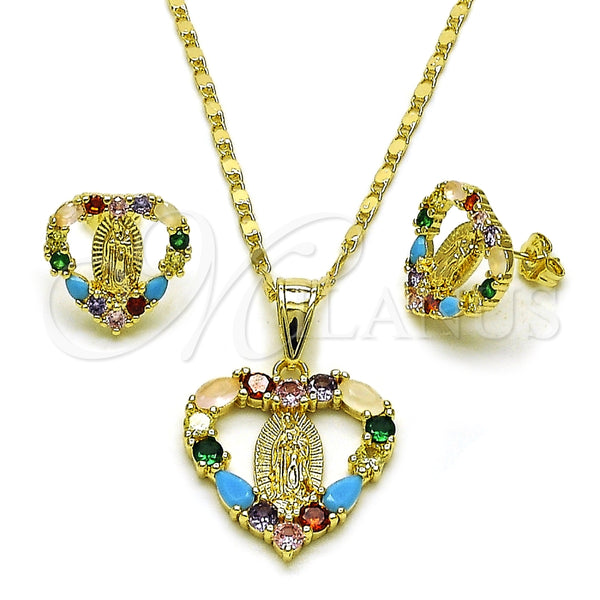 Oro Laminado Earring and Pendant Adult Set, Gold Filled Style Heart and Guadalupe Design, with Multicolor Cubic Zirconia, Polished, Golden Finish, 10.411.0010.1