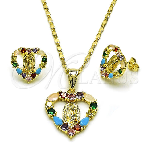 Oro Laminado Earring and Pendant Adult Set, Gold Filled Style Heart and Guadalupe Design, with Multicolor Cubic Zirconia, Polished, Golden Finish, 10.411.0010.1