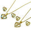 Oro Laminado Earring and Pendant Adult Set, Gold Filled Style Heart and San Judas Design, with White Cubic Zirconia, Polished, Golden Finish, 10.411.0011