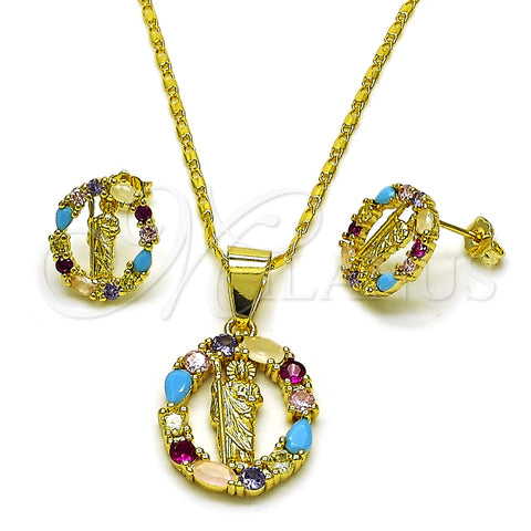 Oro Laminado Earring and Pendant Adult Set, Gold Filled Style San Judas Design, with Multicolor Cubic Zirconia, Polished, Golden Finish, 10.411.0013.1