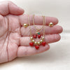 Oro Laminado Necklace and Earring, Gold Filled Style Cherry and Heart Design, Red Enamel Finish, Golden Finish, 06.417.0019