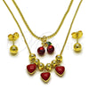 Oro Laminado Necklace and Earring, Gold Filled Style Cherry and Heart Design, Red Enamel Finish, Golden Finish, 06.417.0019