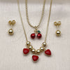 Oro Laminado Necklace and Earring, Gold Filled Style Cherry and Heart Design, Red Enamel Finish, Golden Finish, 06.417.0019