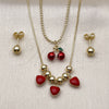 Oro Laminado Necklace and Earring, Gold Filled Style Cherry and Heart Design, Red Enamel Finish, Golden Finish, 06.417.0019
