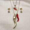 Oro Laminado Necklace and Earring, Gold Filled Style Chili and Box Design, with White Micro Pave, Red Enamel Finish, Golden Finish, 06.417.0021