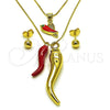 Oro Laminado Necklace and Earring, Gold Filled Style Chili and Box Design, with White Micro Pave, Red Enamel Finish, Golden Finish, 06.417.0021