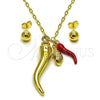 Oro Laminado Necklace and Earring, Gold Filled Style Chili and Paperclip Design, Red Enamel Finish, Golden Finish, 06.417.0022