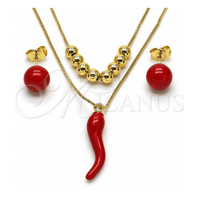 Oro Laminado Necklace and Earring, Gold Filled Style Chili and Box Design, Red Enamel Finish, Golden Finish, 06.417.0023