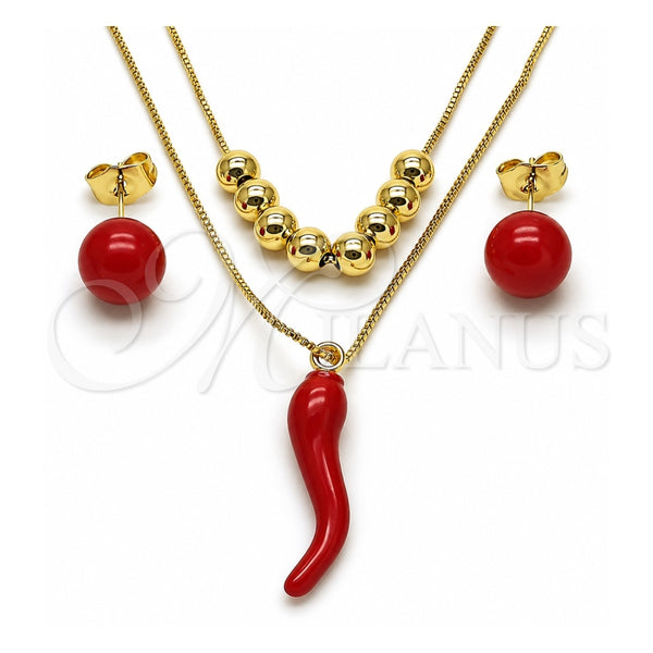 Oro Laminado Necklace and Earring, Gold Filled Style Chili and Box Design, Red Enamel Finish, Golden Finish, 06.417.0023
