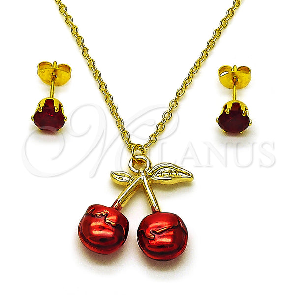 Oro Laminado Earring and Pendant Adult Set, Gold Filled Style Cherry Design, with Garnet Cubic Zirconia, Red Enamel Finish, Golden Finish, 10.417.0016