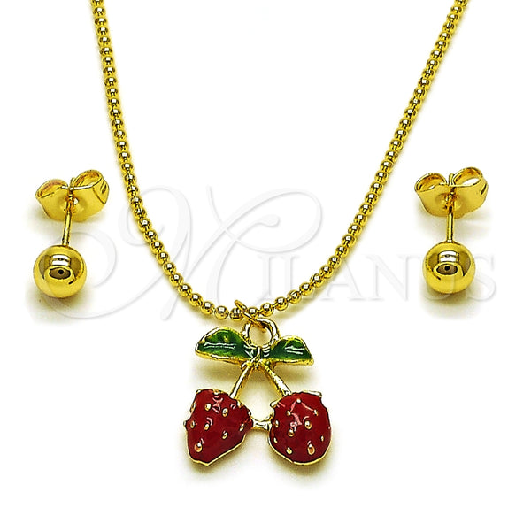 Oro Laminado Earring and Pendant Adult Set, Gold Filled Style Strawberry and Ball Design, Red Enamel Finish, Golden Finish, 10.417.0017